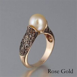 Rose Gold Pearl Ring Filigree Sculpted Mounting Fashion Costume Jewelry